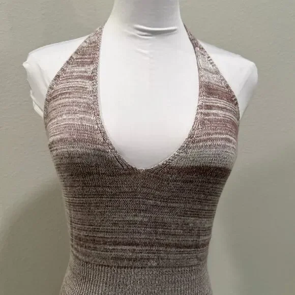 Sans Souci Halter Knit Mini Dress Brown Neutral Stretch Bodycon Large Vacation - Picture 4 of 9